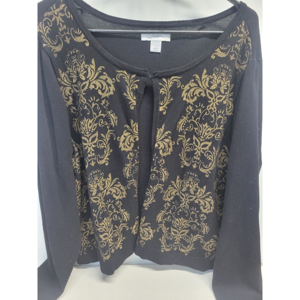 CJ Banks Black Gold Metallic Brocade Open Front Cardigan Sweater 1X